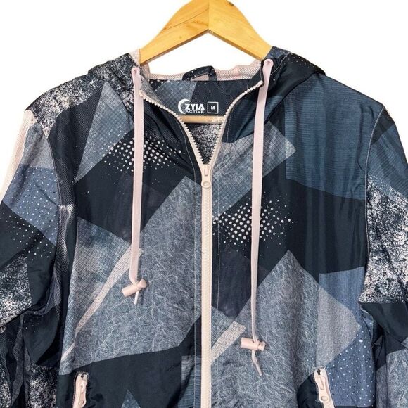 ZYIA Activewear Geometric Radical Bomber Full Zip Hooded Windbreaker Jacket, M - Picture 8 of 12